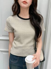 DAZY 女士圓領條紋短袖t恤 - 黑與白 - 查看 6