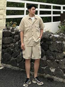 DAZY Men's Solid Color Work Shirt And Shorts Set - Apricot - View 4