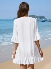 Swim Vcay 女士純色蕾絲拼接上衣,荷葉邊遮陽衣 - 白色 - 查看 2