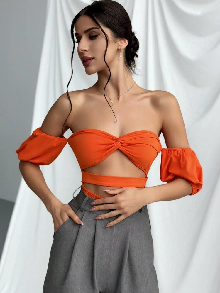 Off Shoulder Twist Knot Cut-Out Bodysuit