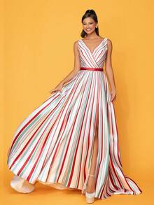 長款優雅高端色塊條紋高分裂晚禮服 - 粉色 - 查看 5