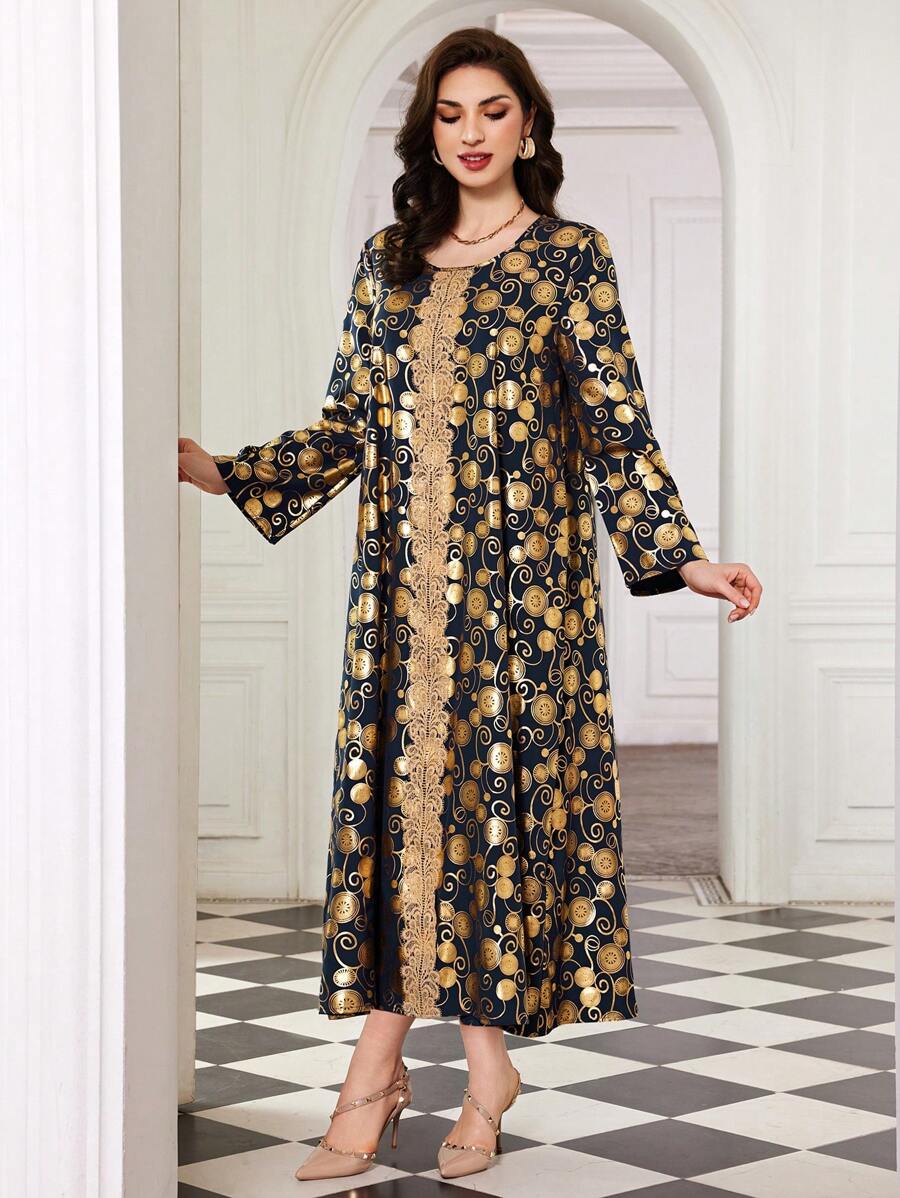 Al Najma Vestido De Empalme De Encaje Con Estampado Dorado - azul real - Ver 1