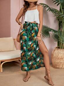 SHEIN VCAY 單色休閒背心上衣和熱帶印花分裙