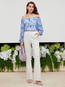 MOTF PREMIUM Blouse De Seda Con Estampado Floral De Manga De Linterna Y Con Hombros Descubiertos