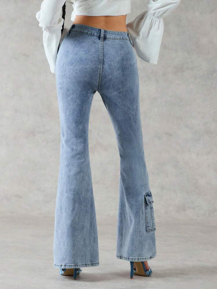 Jeans With Slanted Pockets & Flared Legs, Casual Style