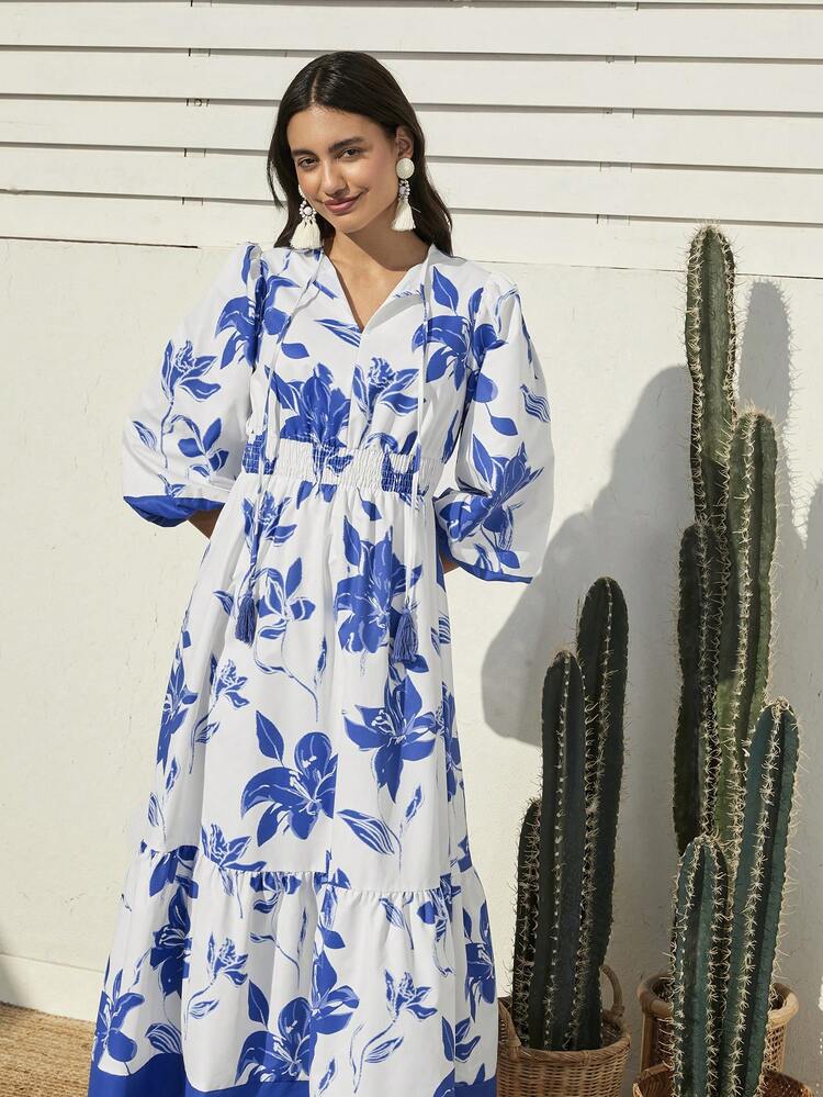 Women's Flower Printed Colorblock Lantern Sleeve Dress