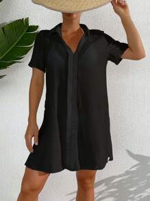 SHEIN Swim 夏季海灘女士純色鈕領短袖遮陽衣襯衫