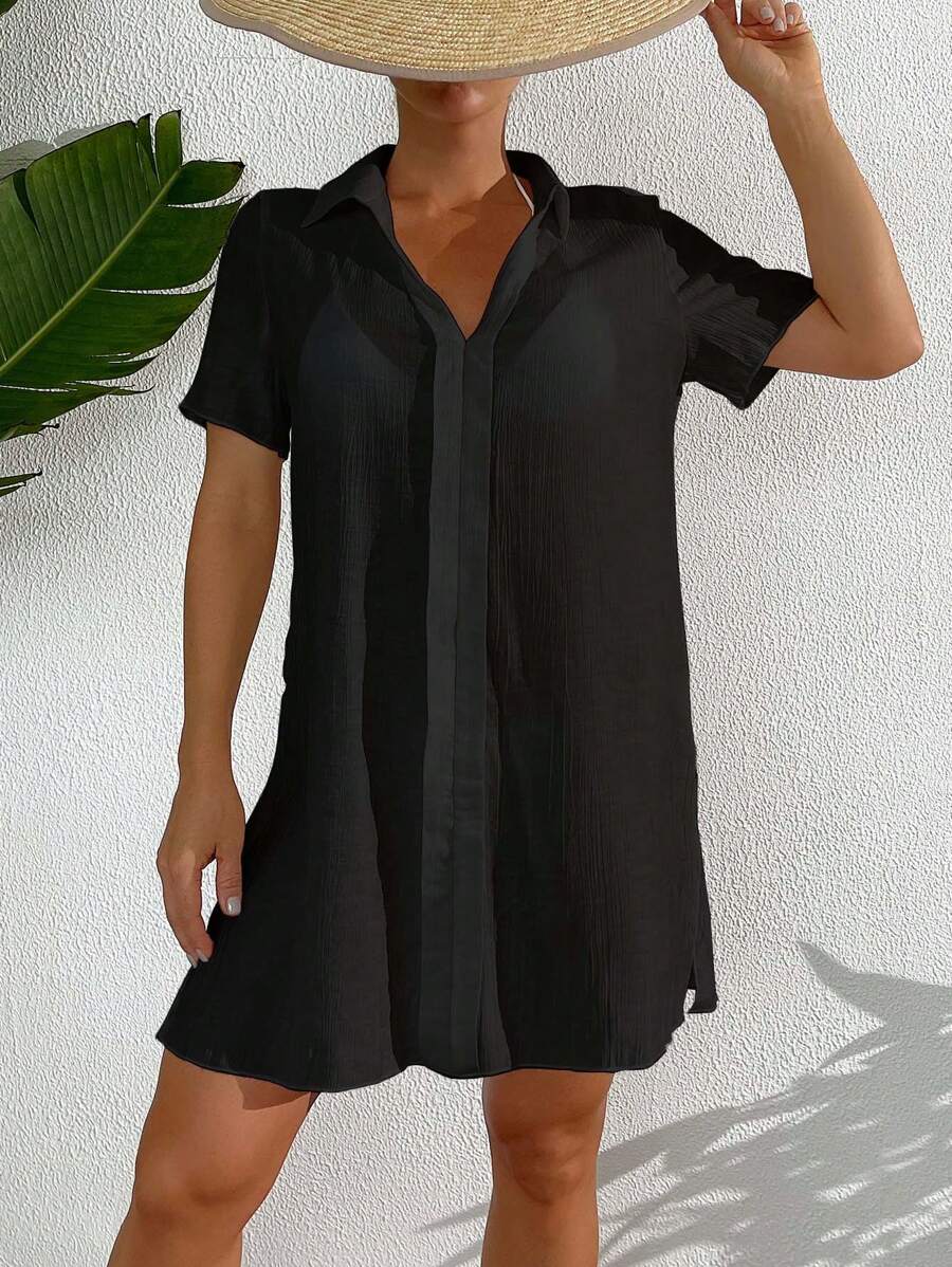 SHEIN Swim 夏季海灘女士純色鈕領短袖遮陽衣襯衫