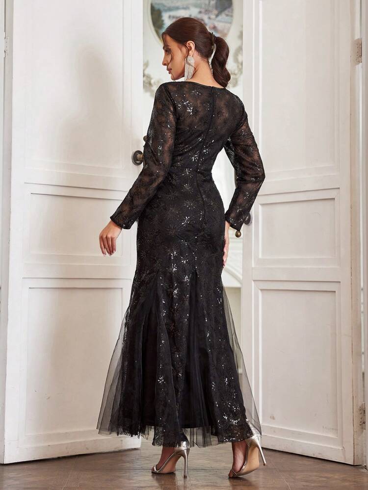 Elegant Glitter Mesh Mermaid Hem Heavy Work Evening Dress With Net Bottom