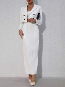 Chiquease Striped Short Lapel Suit Jacket And Strapless Top And Split Hem Skirt Set - Black and White - View 4