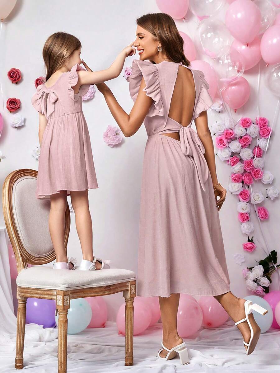 SHEIN Privé Mommy And Me Mother & Daughter Matching Ruffle Trim Backless Spaghetti Strap Dress  Mother's Day Clothing - Pink - View 1