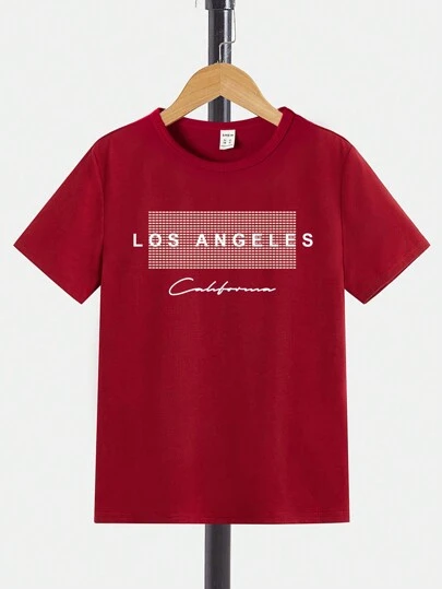 SHEIN 1pc Tween Boy Fashion Letter Printed Basic Round Neck Short Sleeve T-Shirt Summer Holiday