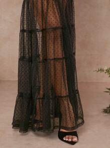 L'Amorae Vestito a camicia con pannello in rete a pois e balze sull'orlo - nero - Visualizzare 6