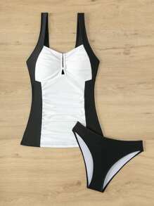 SHEIN Swim Tankini plissé blocs de couleurs d'été - Noir et Blanc - Voir 6