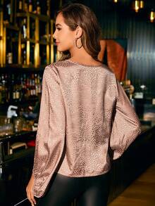 SHEIN Clasi Chó đốm Dệt hoa Tay áo lồng đèn Áo sơ mi - Hồng - Xem 2