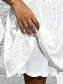 SHEIN EZwear 白色纯色针织提花喇叭下摆吊带连衣裙，春夏 - 白色 - 查看 5