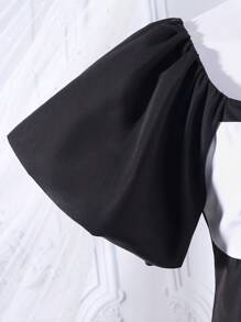 SHEIN Teen Girls' French Style Puff Sleeves Dress With Front Bow Decoration And Asymmetrical Hem For Summer - Black - View 4