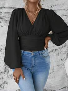 Celure Grote maten Effen kleur Lantern mouwen Cropped Shirt