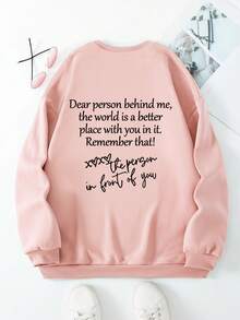 SHEIN Essnce Kích thước lớn Slogan In Vòng cổ Thêm Nhung Áo nỉ - Màu Hồng baby - Xem 2