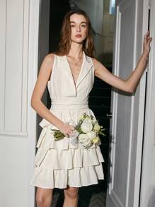 GENKIRA 蓮葉領無袖洋裝,褶邊下擺 - 米色 - 查看 7