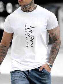 男士圓領休閒字母印花通勤t卹 - 白色 - 查看 2