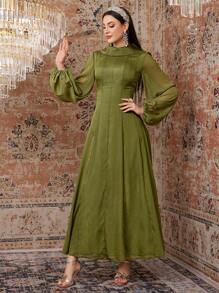 Modelyn Solid Color Round Neck Lantern Sleeve Cinching Waist Dress - Green - View 4
