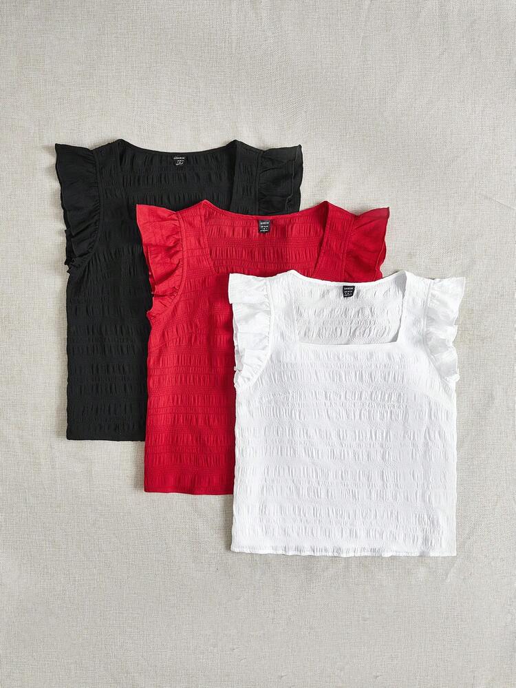 3pcs Women'S Summer Vacation Square Neck Ruffle Trim Blouse