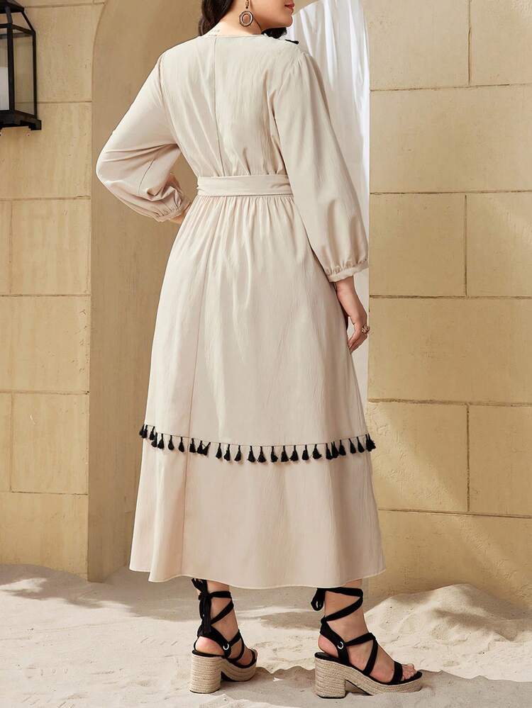 Plus Size Women's Patchwork Tassel Long Sleeve Dress