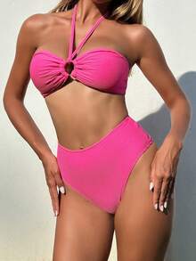SHEIN Swim 女性實色沙灘泳裝套裝,配環飾品+熱帶印花和服 - 彩色 - 查看 4