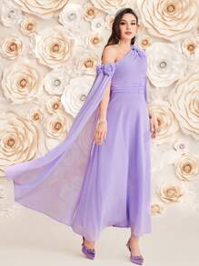 Modelyn Solid Color 3d Flowers Asymmetrical Neckline & Drawstring Waist Dress - Mauve Purple - View 7