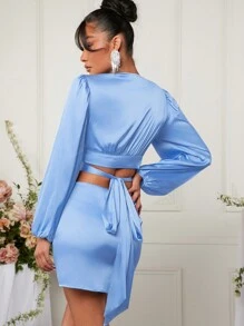 L'Amorae Wrap Cross Tie Top & Skirt Satin Two Pieces Set - Blue - View 2