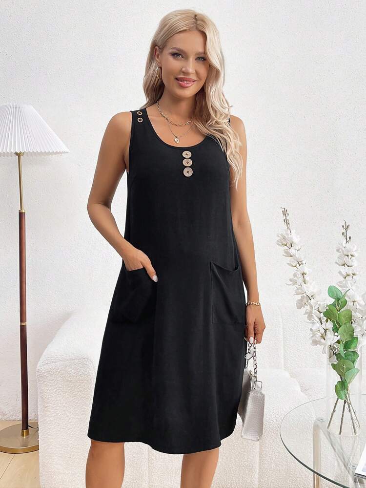 Maternity Button Front Dress With Pockets And Short Sleeves, Suitable For Slouchy, Casual And Holiday In Summer