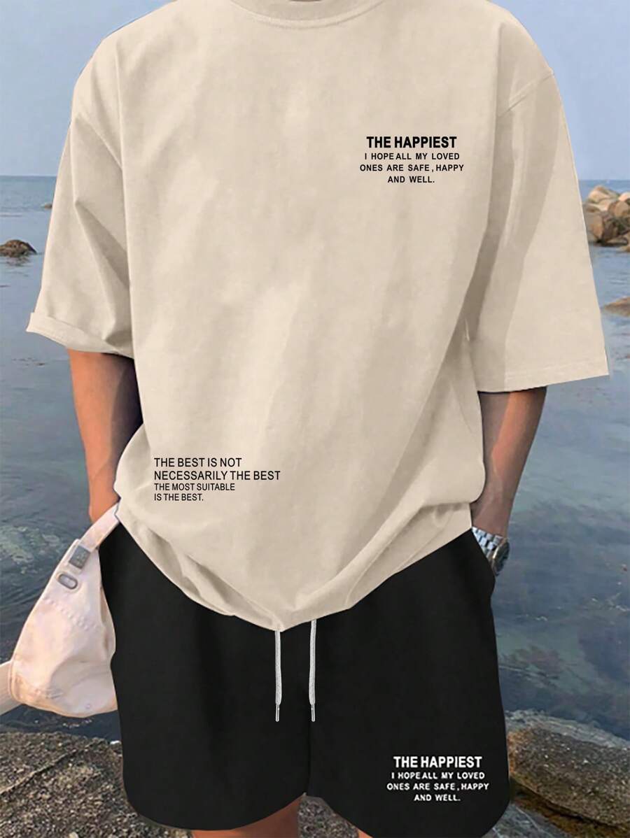 Manfinity Homme Men's Plus Size Slogan Printed Short Sleeve Round Neck T-Shirt And Shorts Set, Beach, Vacation