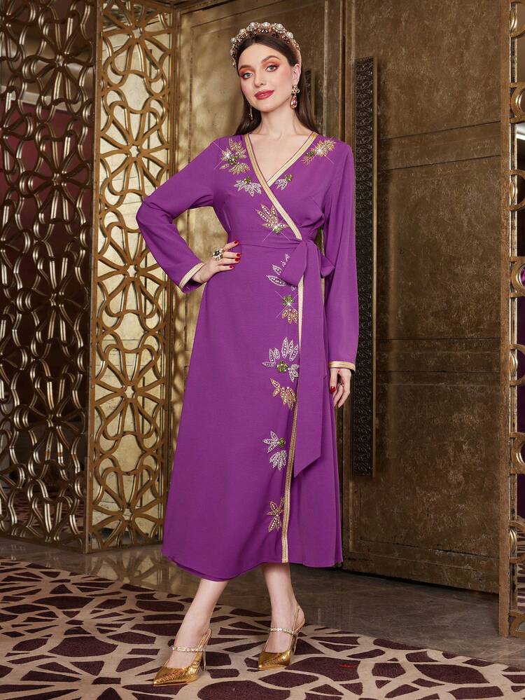 Women's Floral Rhinestone Decorated Patchwork Ribbon & Long Sleeve Kaftan Jalabiya Long Dress, Elegant Luxury Evening Party Style Fall Cloth For Women