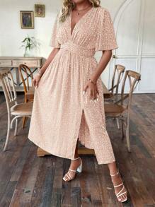 SHEIN Clasi 大碼花卉印花V領收割連身裙，帶開叉和彈性腰帶 - 粉色 - 查看 6