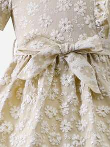 SHEIN Young Girls' Apricot Colored Puff Sleeved Hanfu With Floral Texture