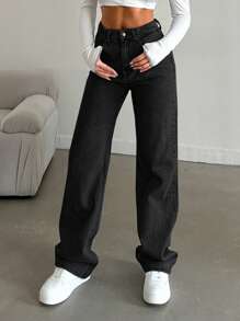 CasuGlow 100%Cotton Washed Loose Straight-Leg Jeans With Slant Pockets - Black - View 7