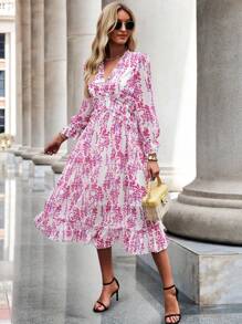 Breezaya Ditsy Floral Frill Trim Flounce Sleeve Ruffle Hem Dress Maxi Vacation Beach Outfits Women Fall Cloth For Women - Multicolor - View 5