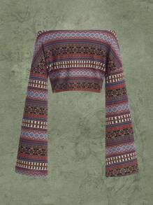 ROMWE Hippie 幾何印花一字肩短款T恤 - 彩色 - 查看 2