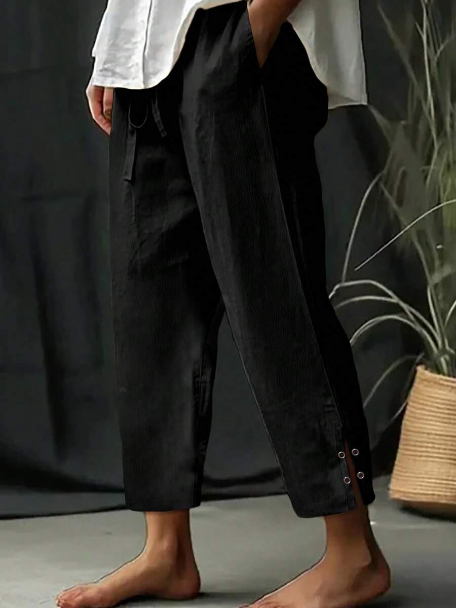 Women's Solid Color Drawstring Waist Open Hem Casual Pants - Black - View 1