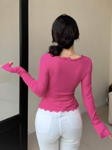 DAZY 女士情人节纯色撞色蕾丝长袖纽扣T恤外出上衣 - 玫紅色 - 查看 5