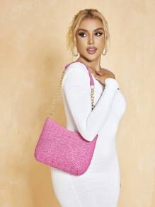 SHEIN SXY Fashionable And Simple Women's Summer Straw Woven Chain Shoulder Bag, Suitable For Ladies On Beach, Vacation Or Holiday