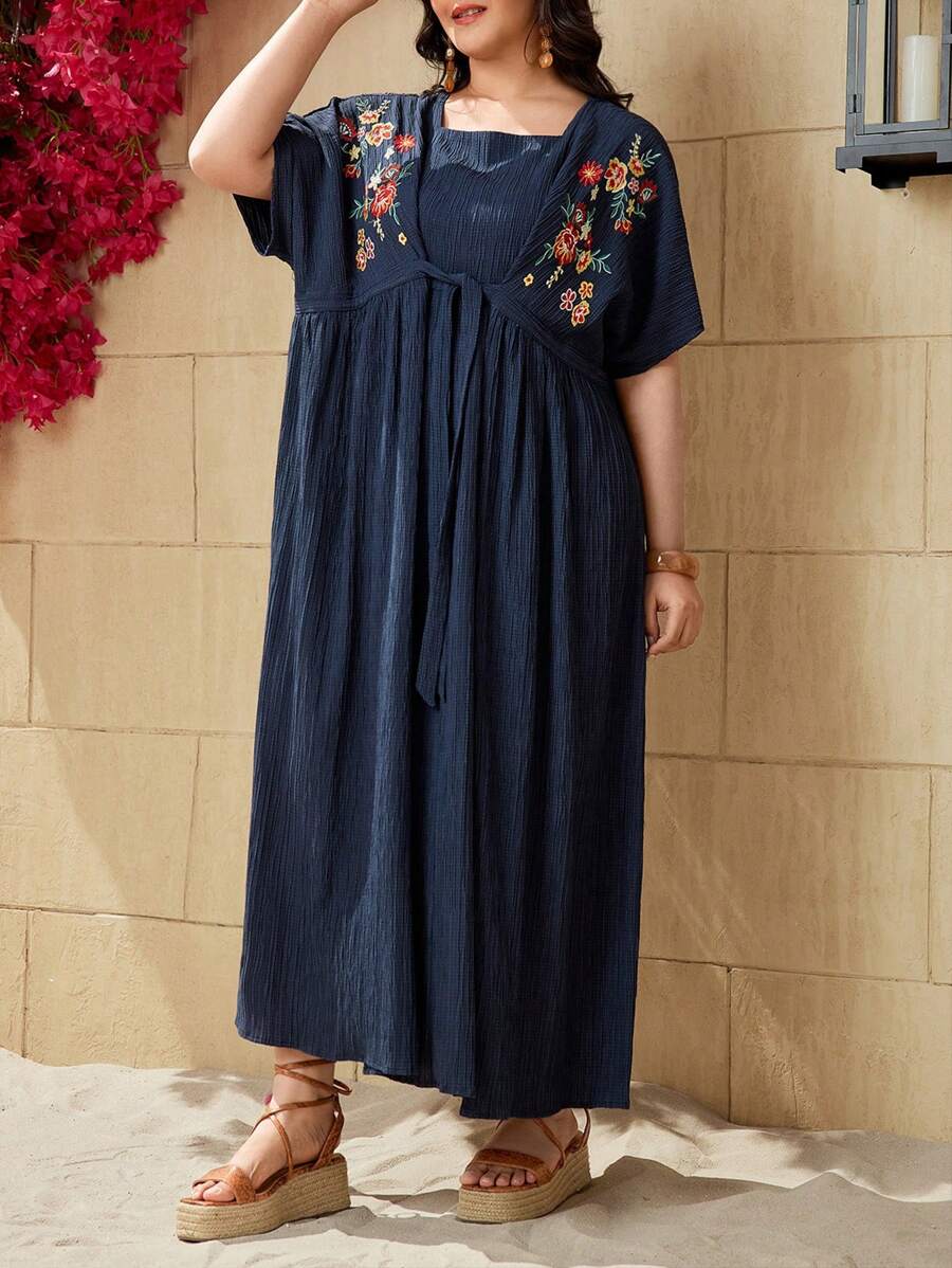 Mulvari Kích thước lớn Của phụ nữ Thêu hoa Mặt trước Buộc Đầm - Màu xanh lam - Xem 1