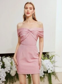 MOTF PREMIUM 露肩扭結連身裙 - 粉色 - 查看 5