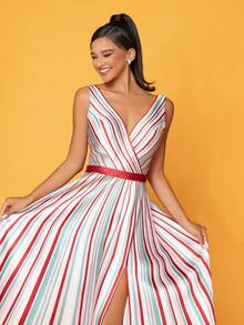 長款優雅高端色塊條紋高分裂晚禮服 - 粉色 - 查看 7