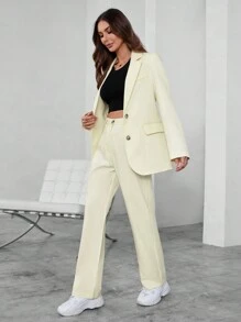 SHEIN BIZwear Màu thuần Thời gian rảnh rỗi Bộ đồ Bộ Với Dài tay Áo khoác Và Quần - Màu be - Xem 6