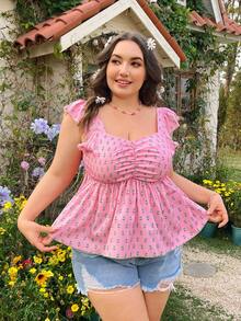 Flirla 大尺碼女用嬌小花卉印花荷葉邊下擺襯衫 - 粉色 - 查看 3