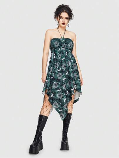 Goth Style Dark Forest Gothic Moon & Stars Print Asymmetric Hem Halter A-Line Dress For Women