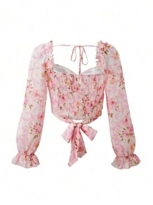 Enchnt 女士花卉印花飄邊長袖襯衫 - 白色 - 查看 7