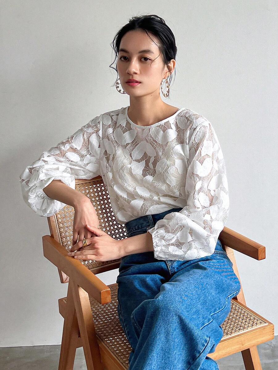 FRIFUL 女士圓領網紗燈籠袖上衣 - 白色 - 查看 1